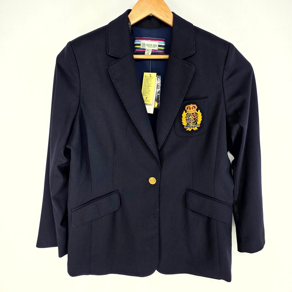 Austin Reed Blazer Womens 18 Navy Blue Crest Patch Gold Button Preppy Profess
